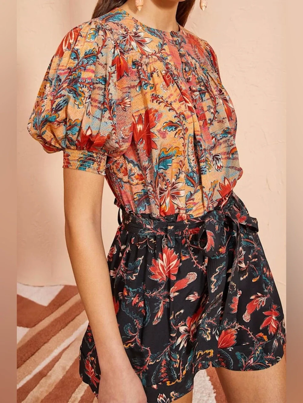 ULLA JOHNSON Dina Top in‎ Coral Bloom Size 2 Puff Sleeve Bib Collar 100% Silk